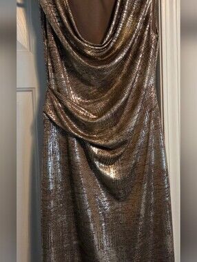Metallic Bronze Drape Neck Evening Dress
